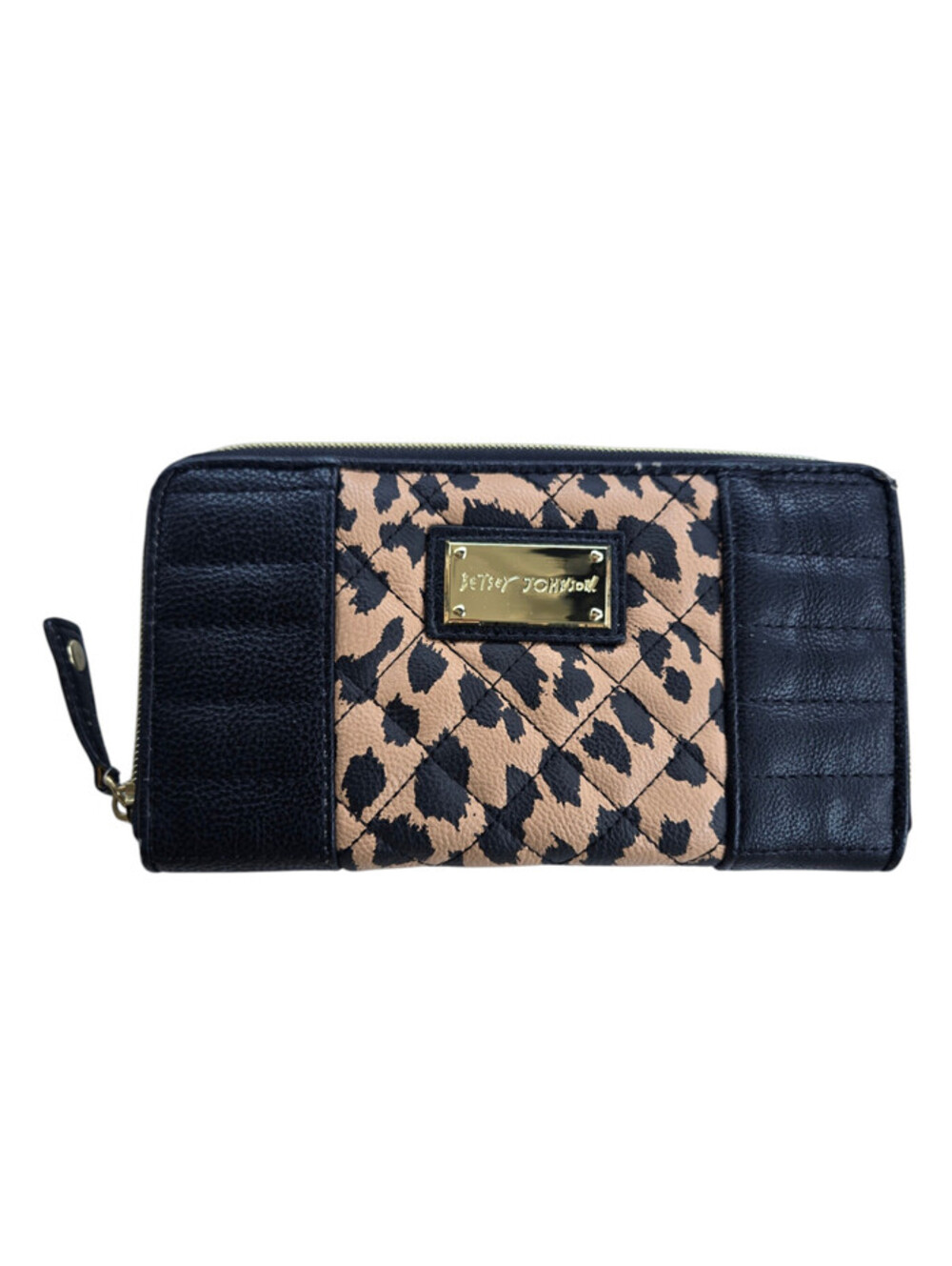 Betsey Johnson Quilted Cheetah Black Wallet Zip Around Gold Hardware NWT